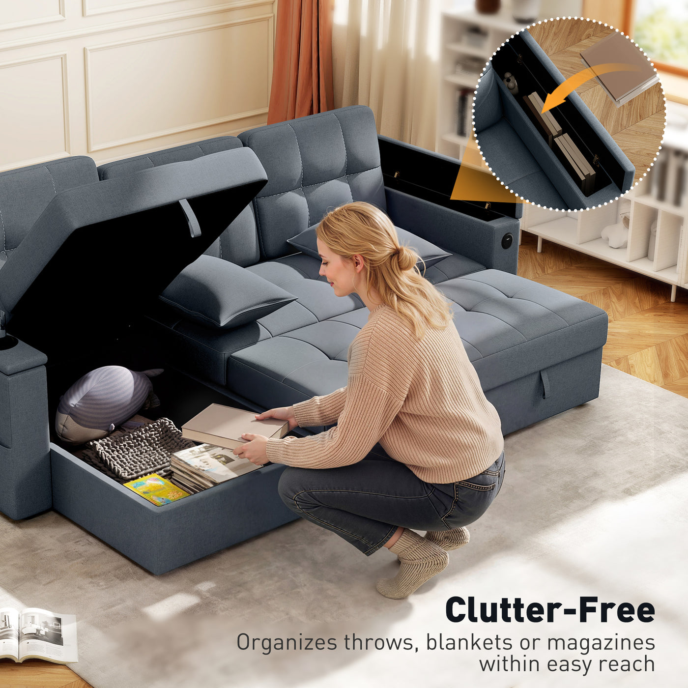 Convertible Sectional Sofa Bed, Pull Out Sleeper Sofa Couch with USB‑A+C, Chaise Storage, L-Shaped Futon Couch, Dark Grey