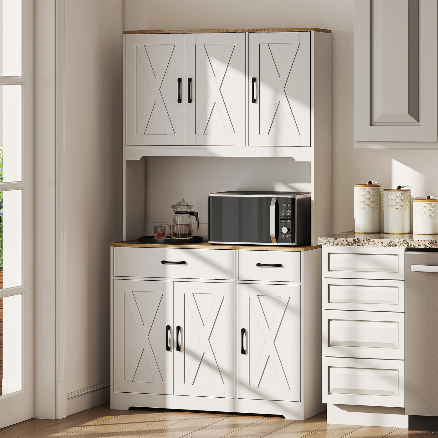 Tall Kitchen Pantry, 6 Doors, 2 Drawers, Adjustable Shelves & Worktop, Rustic Storage Cabinet for Living Room White