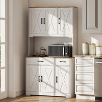 Tall Kitchen Pantry, 6 Doors, 2 Drawers, Adjustable Shelves & Worktop, Rustic Storage Cabinet for Living Room White