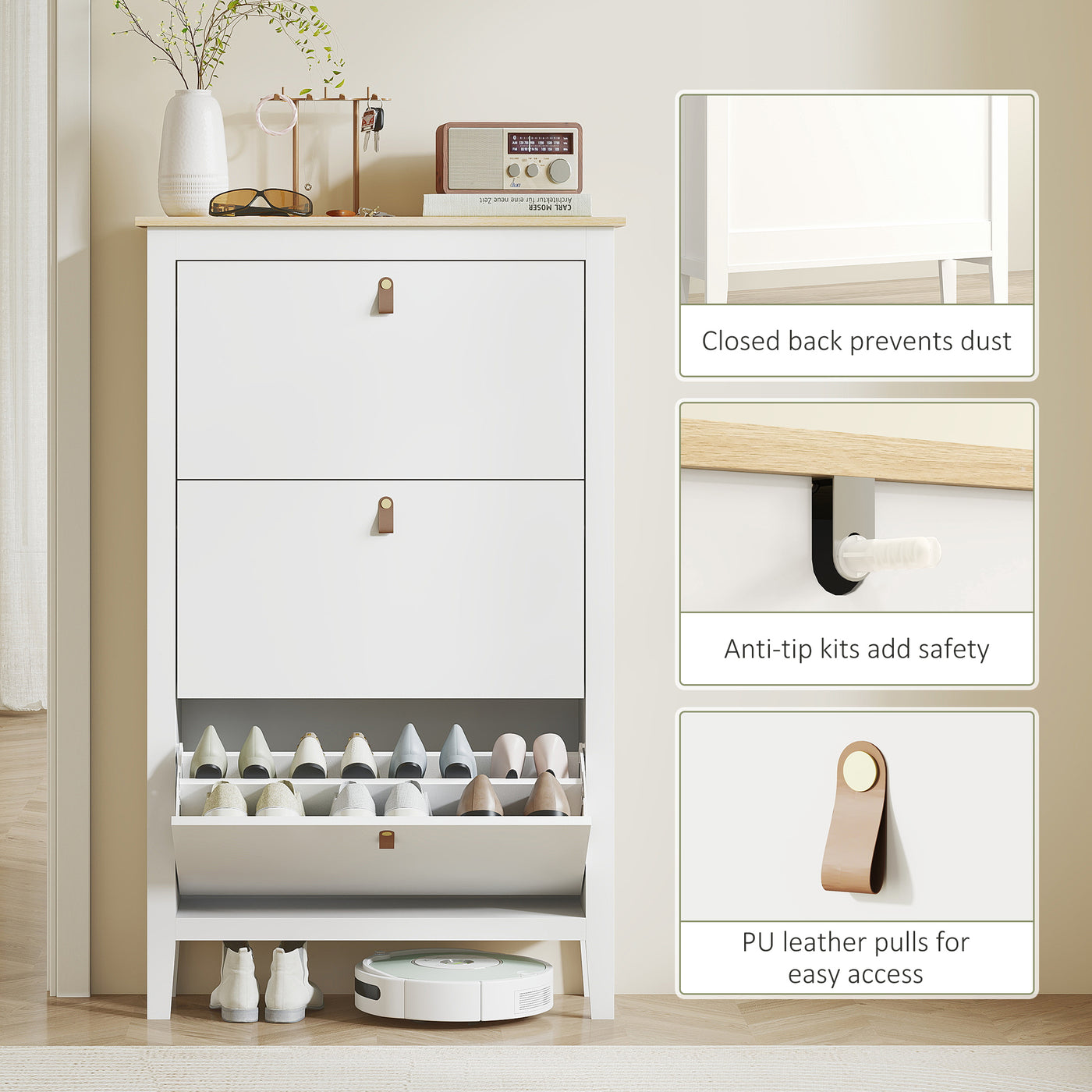 Narrow Shoe Cabinet with 3 Flip Drawers, Adjustable Shelves for Entryway, Holds 15-21 Pairs, White