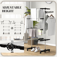 Garment Drying Rack Stainless Steel Folding Clothes Hanging Rack with Side Wings Castors for Indoor Outdoor Black