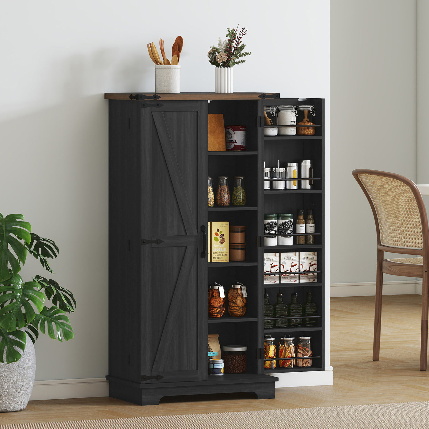 47" Kitchen Pantry Storage Cabinet, Farmhouse Kitchen Pantry Cabinet with Adjustable Shelves and Door Shelves, Black