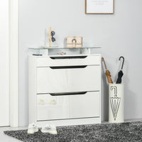 High Gloss Shoe Cabinet with 2 Flip Drawers and Adjustable Shelves, Narrow Shoe Storage Cabinet with Glass Top, White