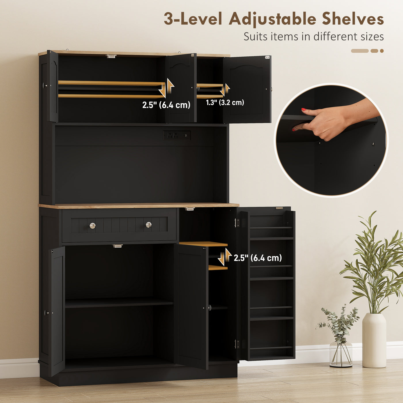 68" Pantry Cabinet with Charging Station, Kitchen Storage Cabinet with Microwave Stand, 4 Door Racks, Black