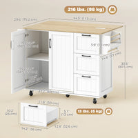 Kitchen Island with Drop Leaf, Rolling Kitchen Cart with Power Outlet, Cabinet, 3 Drawers, Spice Rack, Towel Bar, White