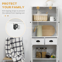 61" Kitchen Pantry Cabinet, Freestanding Farmhouse Buffet Storage Cabinet with Soft Close Glass Doors and Adjustable Shelves, White