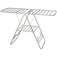 Clothes Drying Rack, 2-Tier Stainless Steel Foldable Laundry Rack with Adjustable Wings and Shoe Holders, Silver