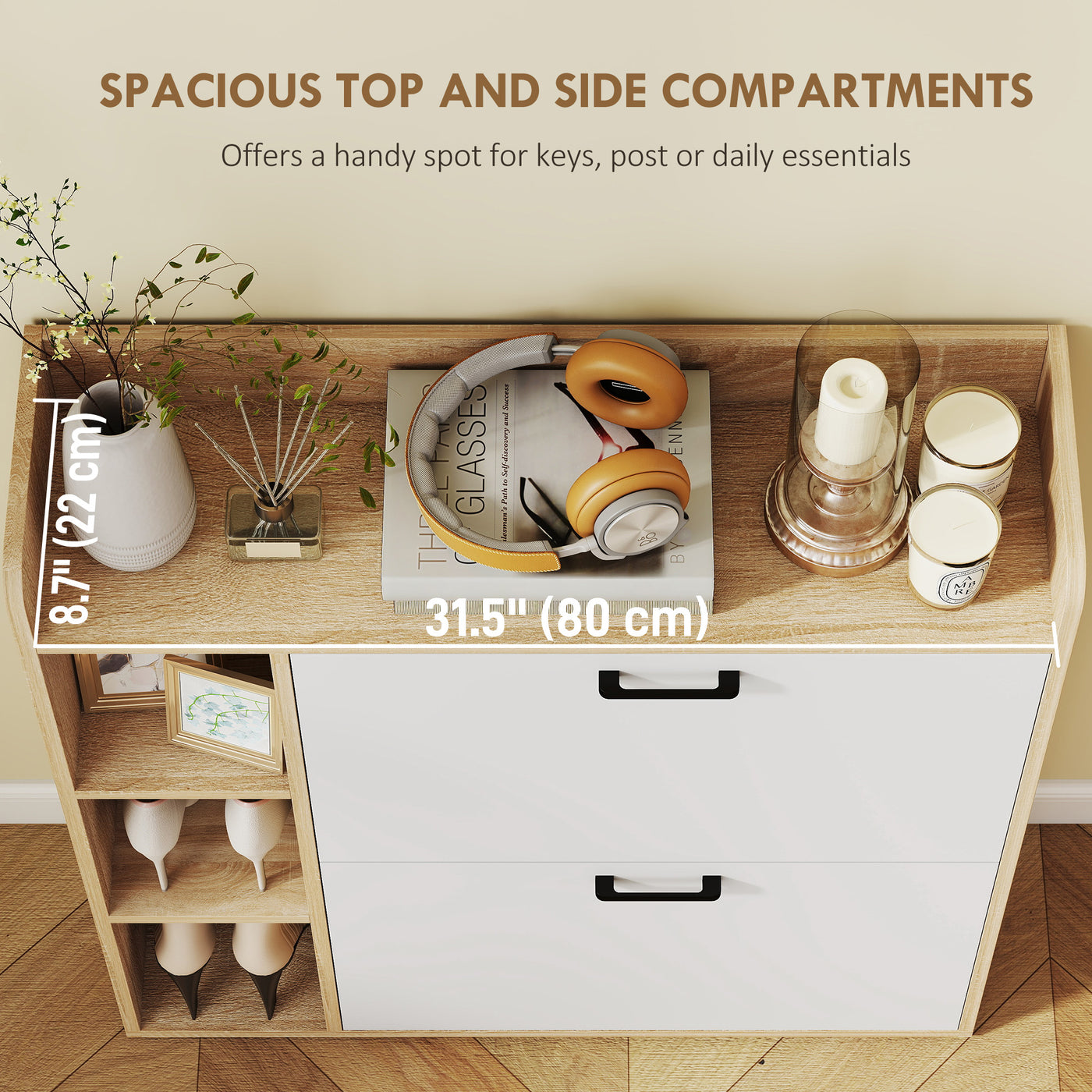 Shoe Cabinet with 2 Flip Drawers, 3 Side Compartments, Adjustable Shelves, 8-12 Pairs for Entryway Hallway, Natural