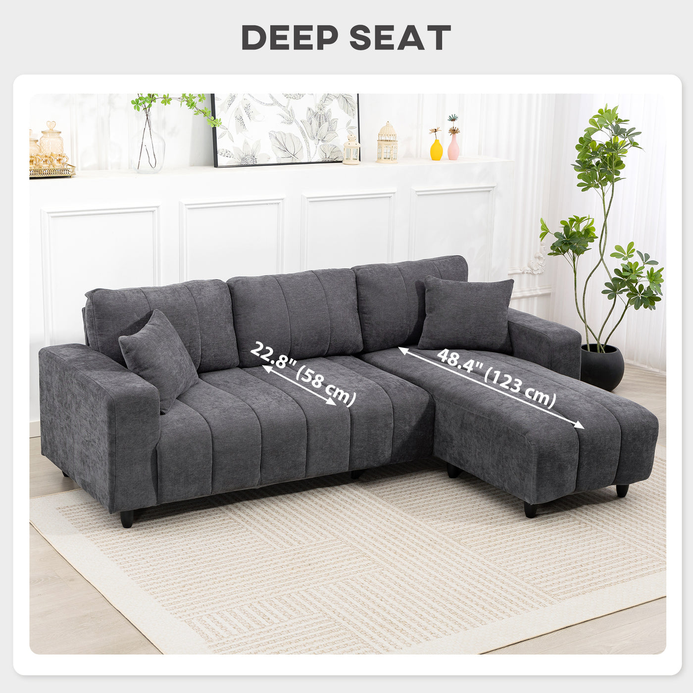 Sectional Couch with Integrated Seat, 3 Seater L-Shaped Sofa with Changeable Chaise, Spring Cushion, 2 Pillows, Grey