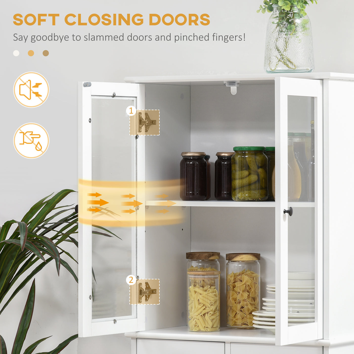 61" Kitchen Pantry Cabinet, Freestanding Farmhouse Buffet Storage Cabinet with Soft Close Glass Doors and Adjustable Shelves, White