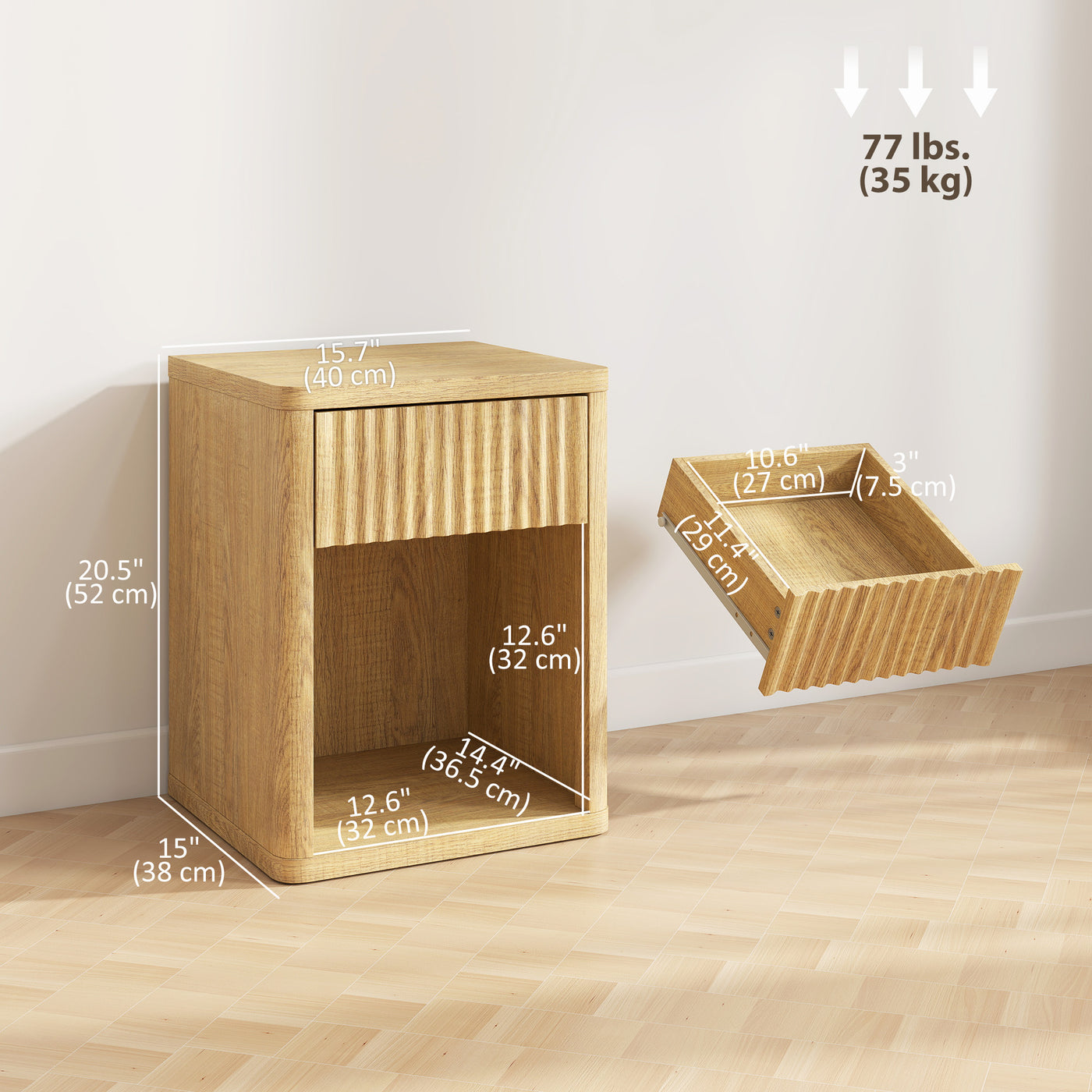 Nightstand with Drawer and Open Shelf, Modern Bedside Table Set of 2 for Bedroom Living Room, Oak