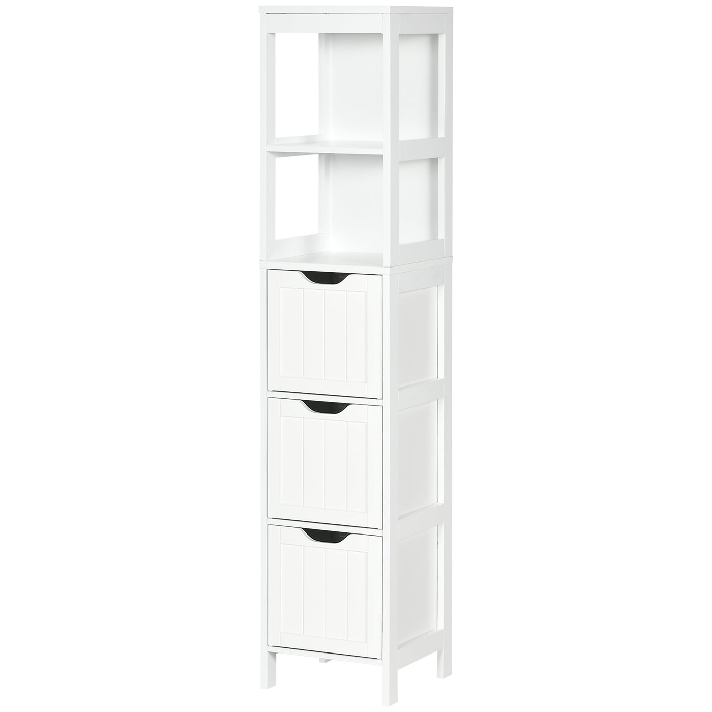 Narrow Bathroom Cabinet with 3 Drawers and 2 Tier Shelf, Tall Cupboard Freestanding Linen Tower, White