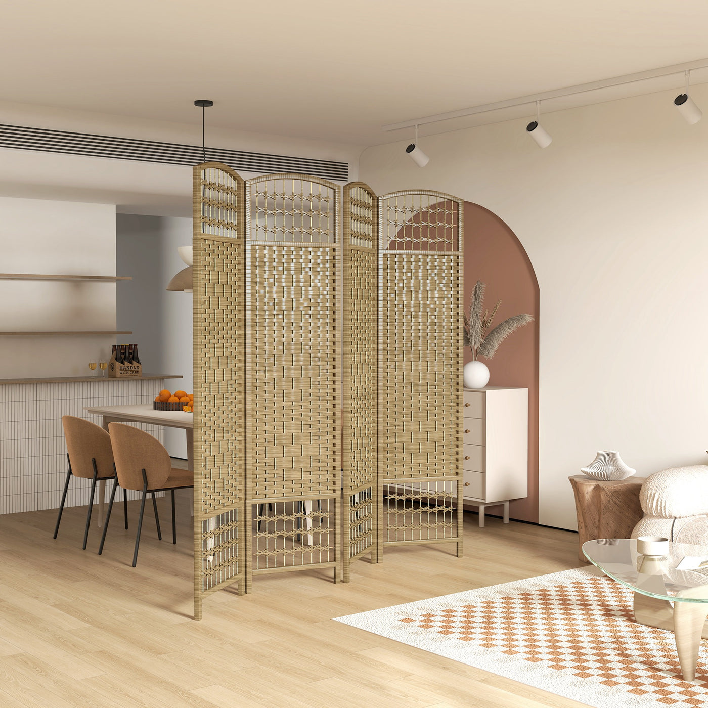 4 Panel Folding Room Divider, Portable Privacy Screen, Wave Fiber Room Partition for Home Office, Natural