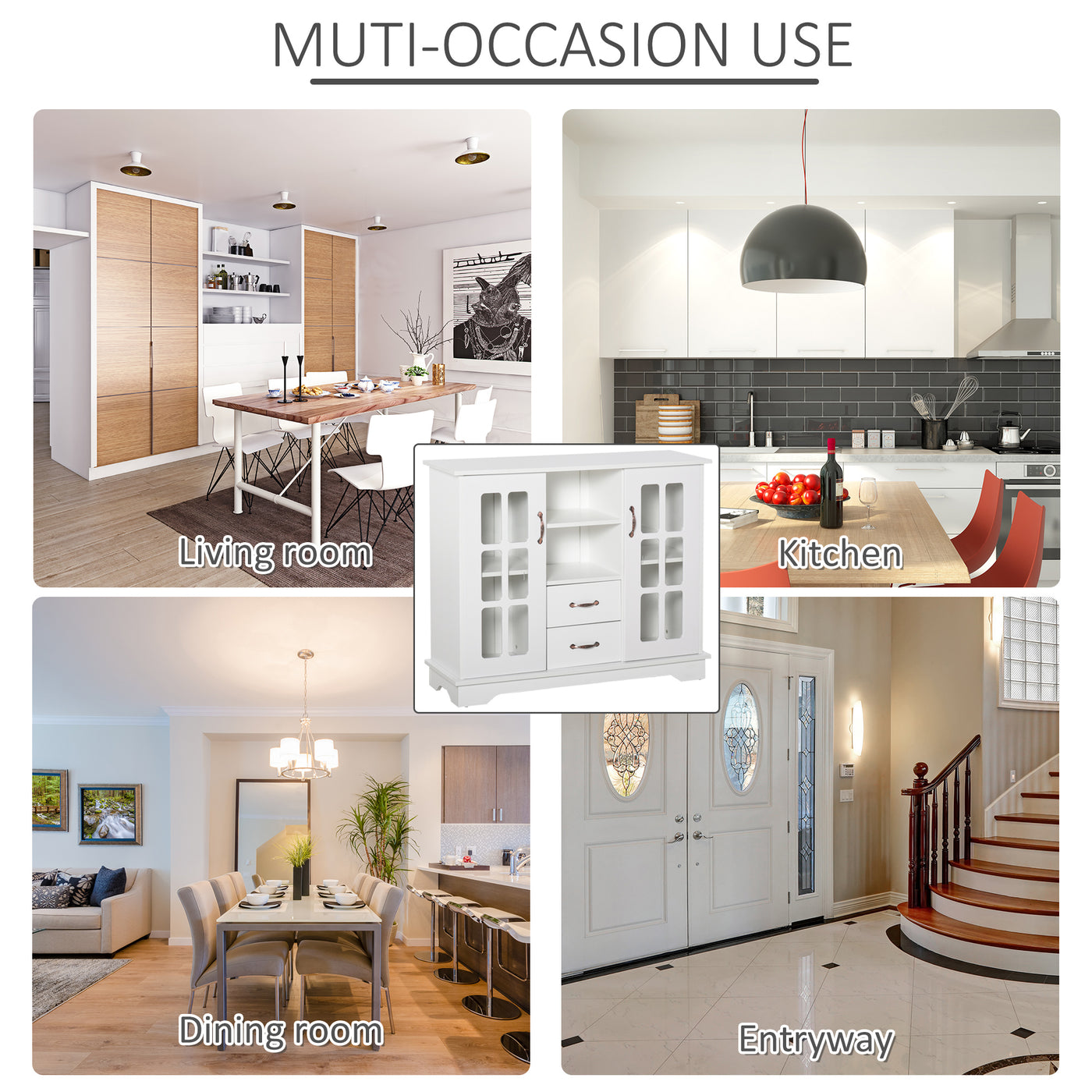 Modern Kitchen Sideboard with 2 Drawers, Coffee Bar Cabinet with Glass Doors Storage Cupboard and Open Shelf, White