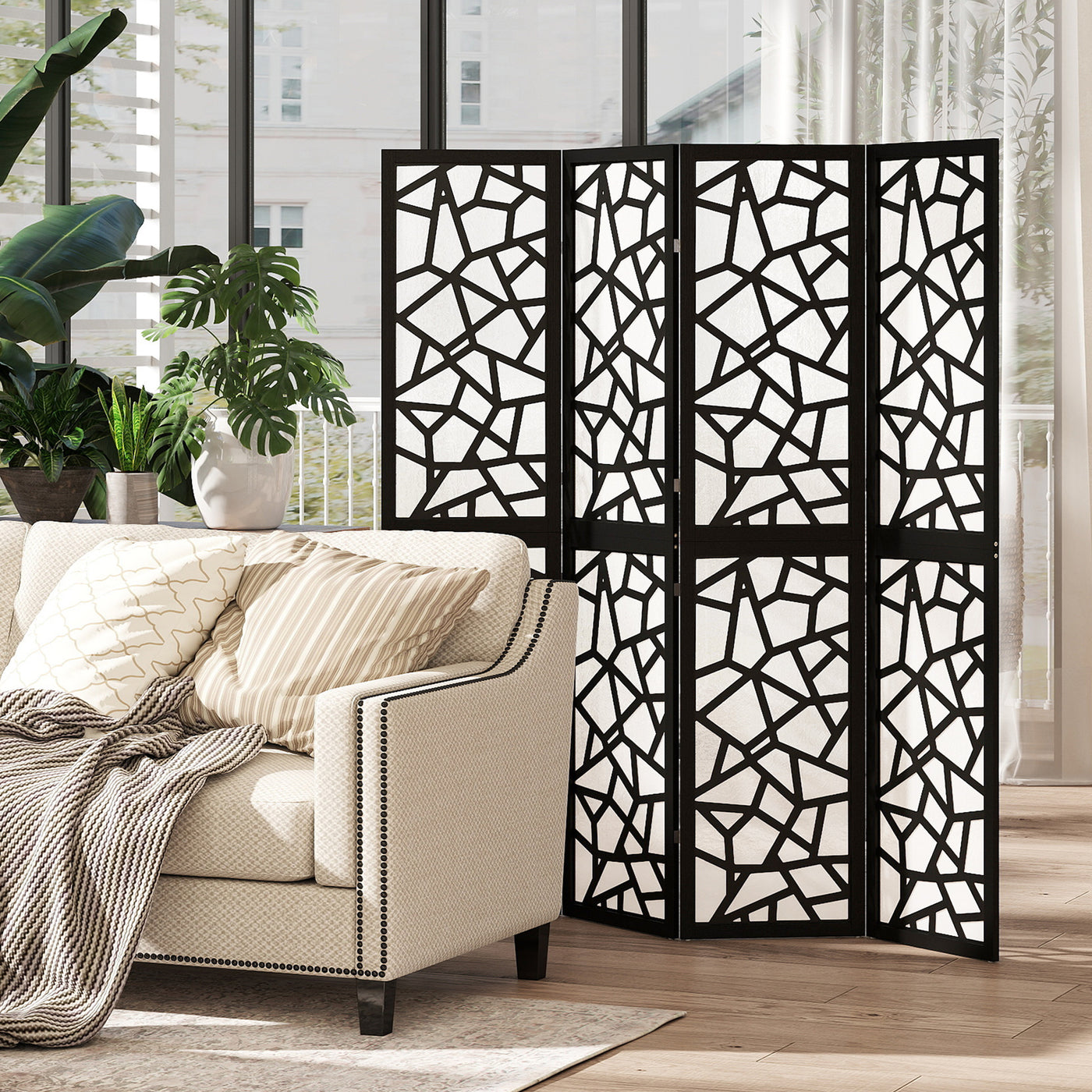4 Panel Room Divider, 5.6 FT Lightweight Folding Privacy Screen with Geometric Pattern for Living Room, Bedroom, Black