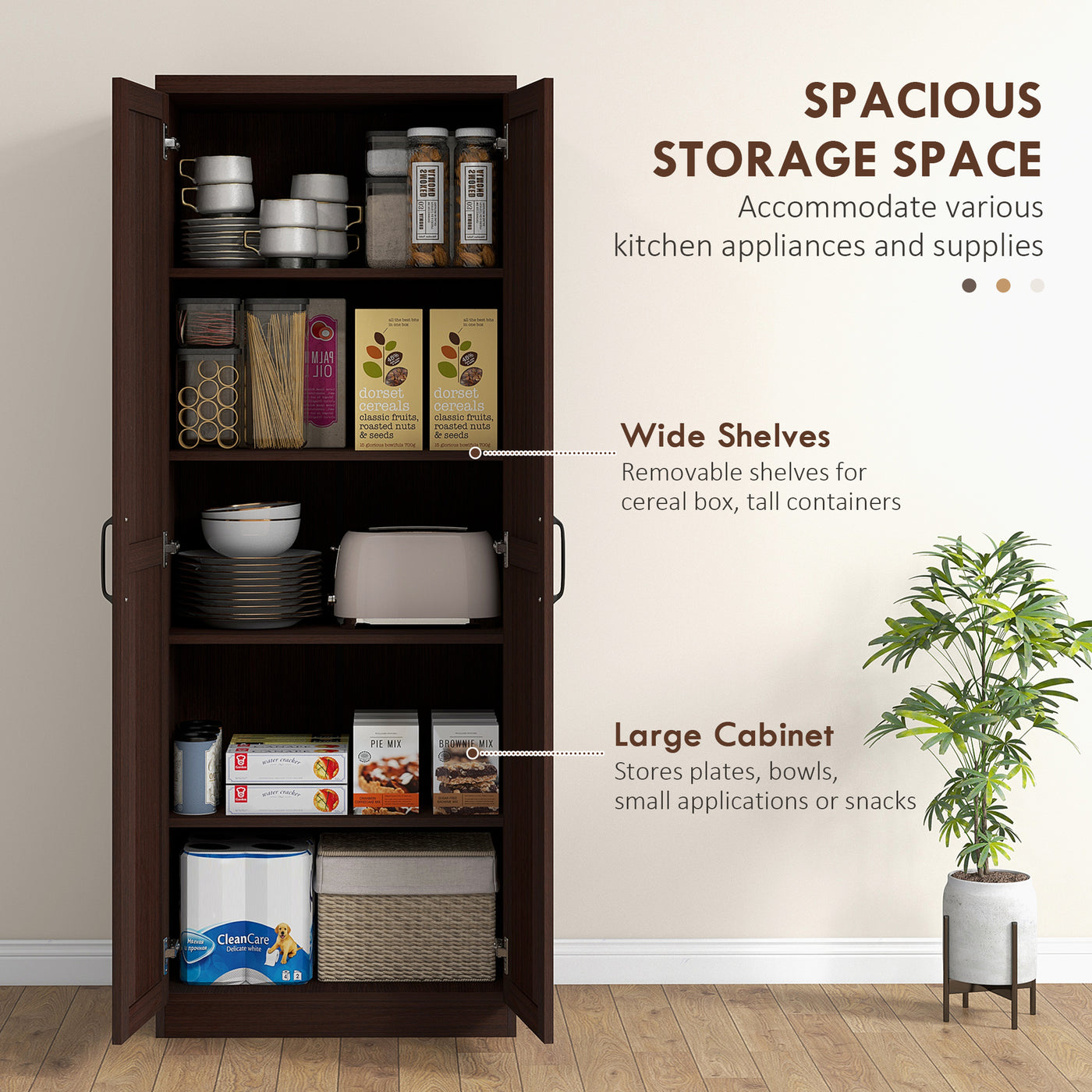 63" Kitchen Storage Cabinet, 5-tier Pantry Cabinet with Doors and Adjustable Shelves for Dining Room, Dark Brown