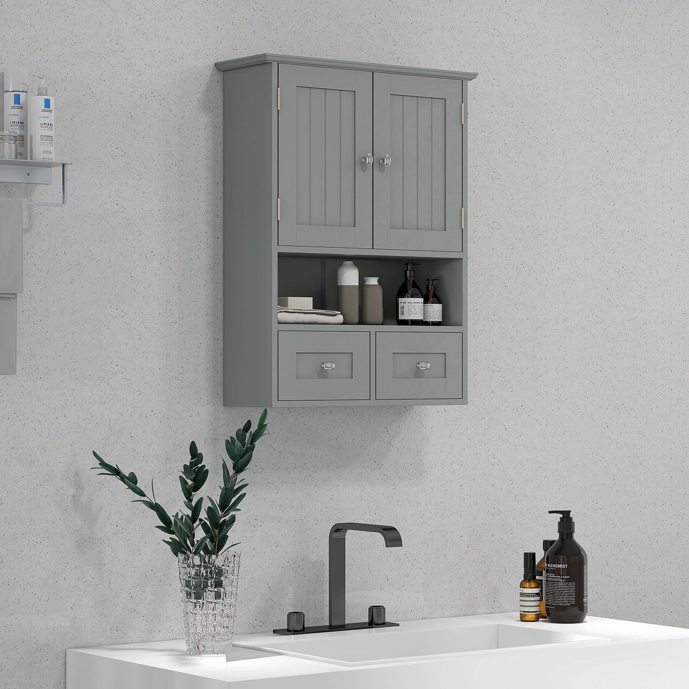 Bathroom Wall Cabinet with 2 Drawers, Modern Medicine Cabinet with 2 Doors and Open Shelf, Over the Toilet Storage Organizer for Living Room, Kitchen，20" x 7" x 26", Grey