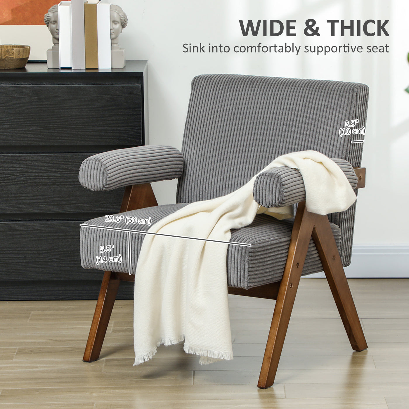 Corduroy Accent Chair Armchair with Wide Seat and Soft Padded Armrests for Reading, Bedroom, Dark Grey