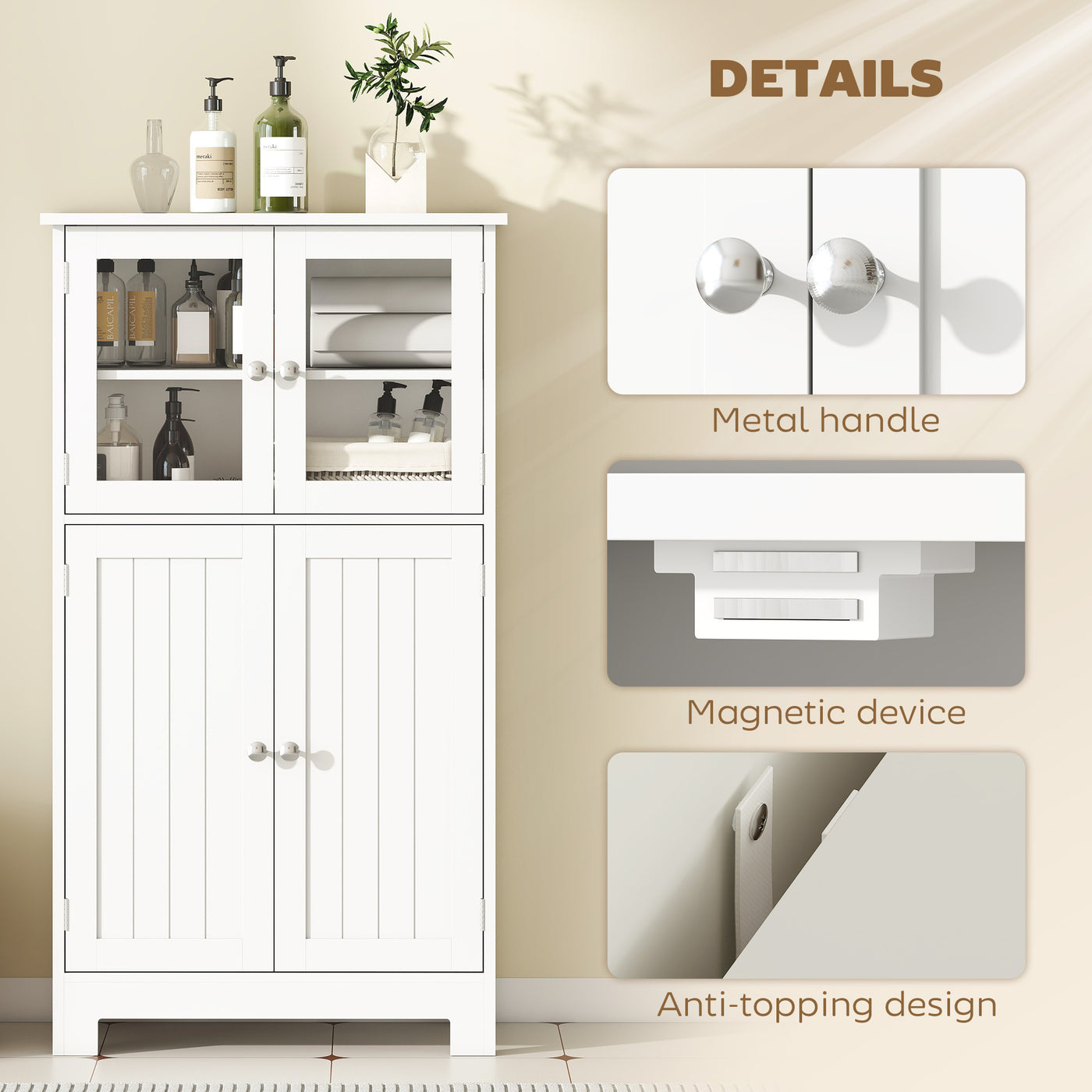 Bathroom Floor Storage Cabinet with Tempered Glass Doors and Adjustable Shelf, Kitchen Cupboard, Free Standing Organizer for Living Room Entryway, White