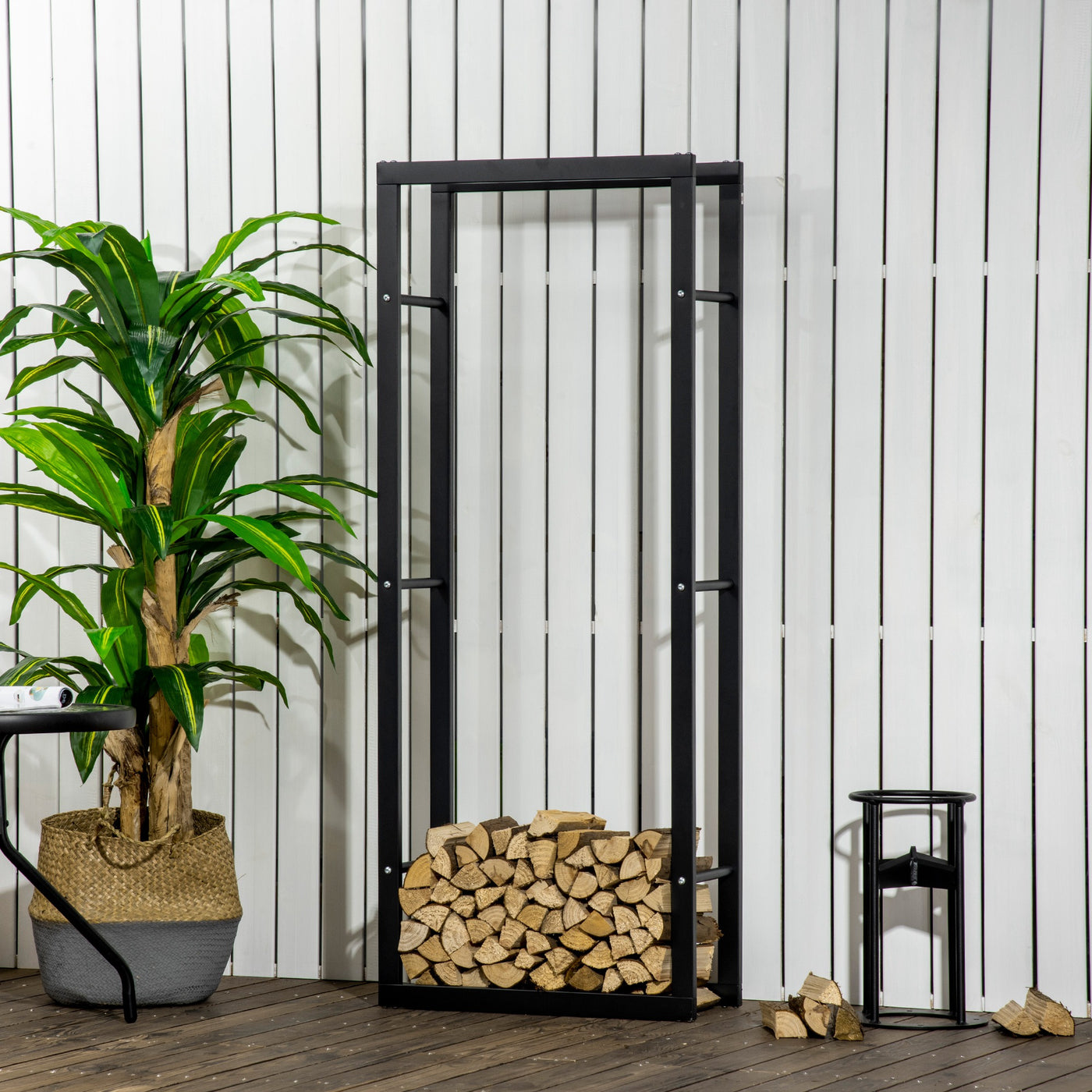23.6" x 9.8" x 59.1" Firewood Rack Outdoor, Log Holder Fireplace Storage Rack with Handles and 220 lbs. Weight Capacity, Black