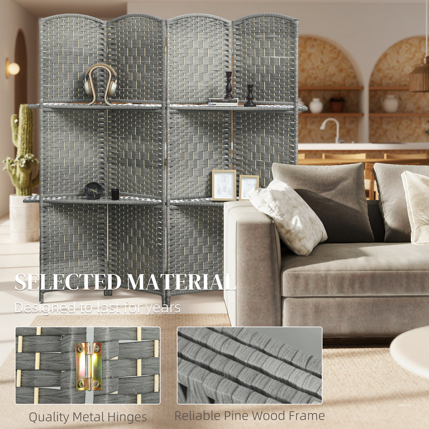 6 FT Privacy Screen, 4 Panel Room Divider with Shelves for Living Room Bedroom Home Office, Grey