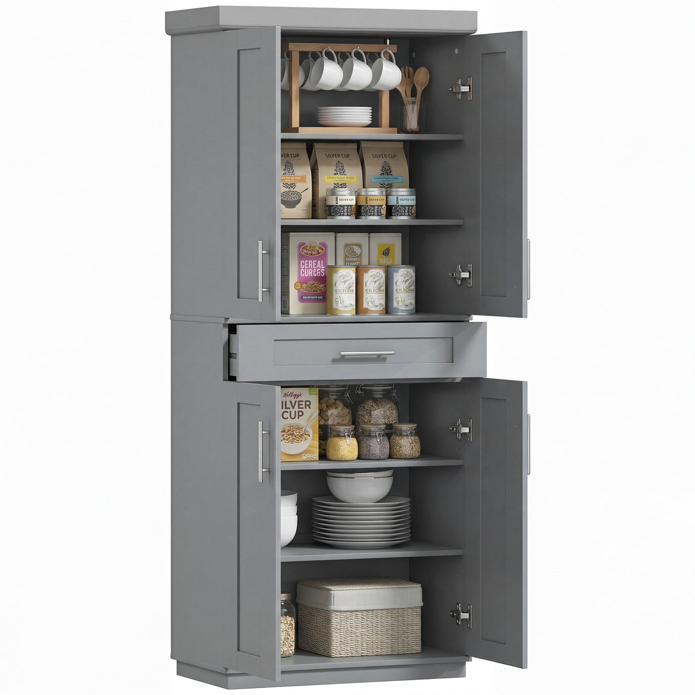 72" Storage Cabinet, Freestanding Kitchen Pantry Cabinet with 4 Doors, Drawer and 3 Adjustable Shelves, Grey