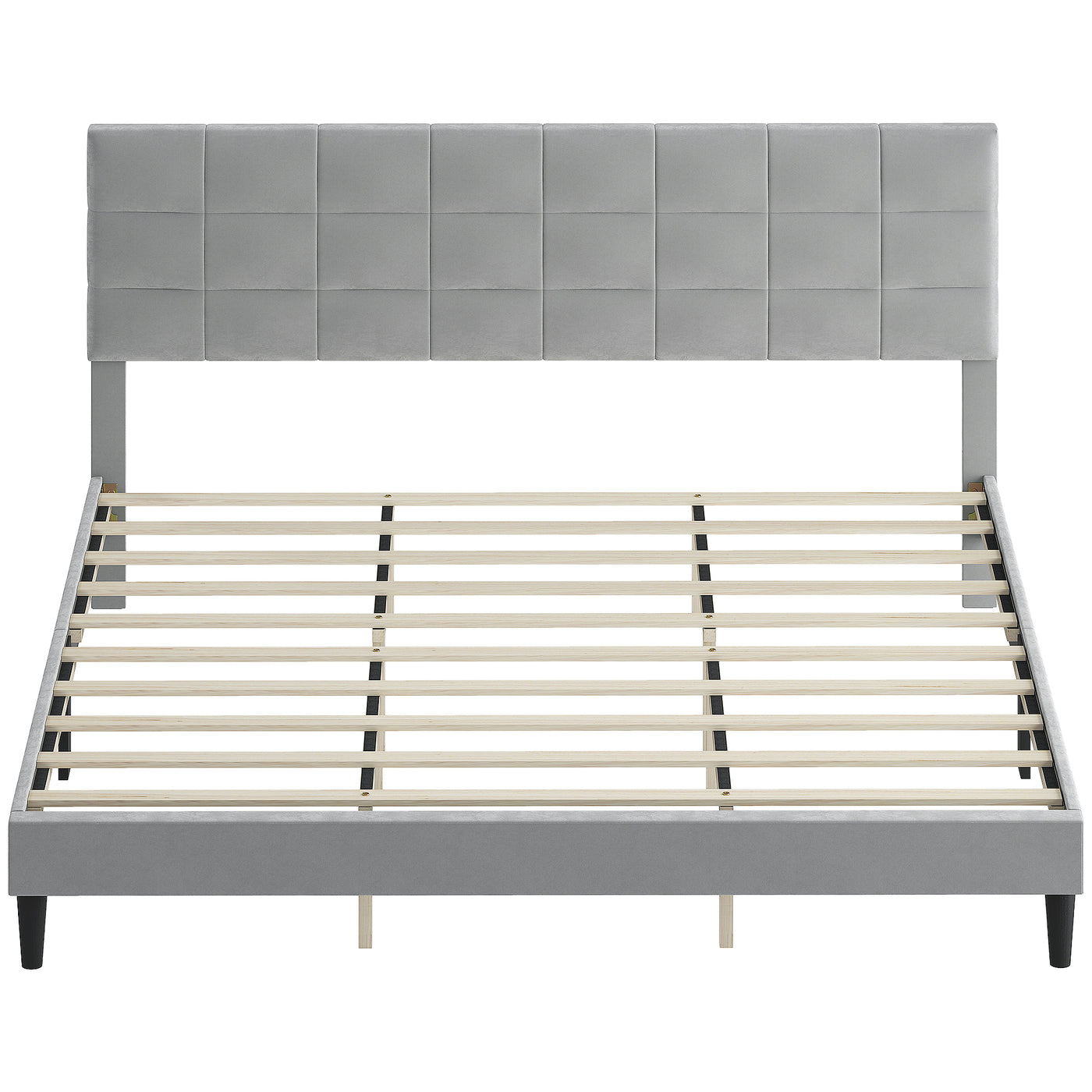 King Size Bed Frame with Upholstered Headboard, Modern Platform Bed Frame with Wood Slats, 1100 lbs Capacity, Grey