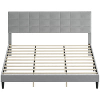 King Size Bed Frame with Upholstered Headboard, Modern Platform Bed Frame with Wood Slats, 1100 lbs Capacity, Grey