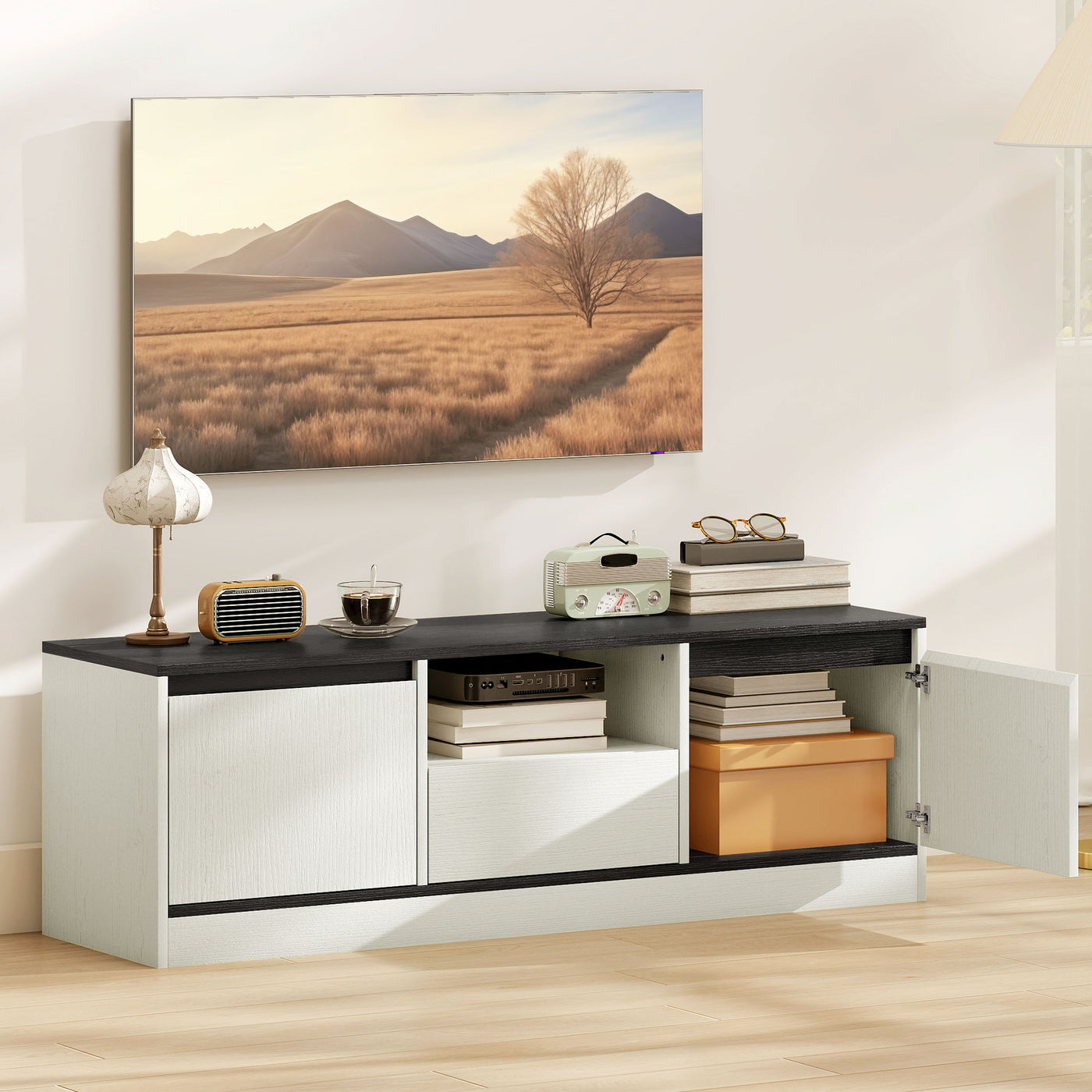 TV Stand for 43-55 Inch TV,  Entertainment Center w/ Cabinets, Shelf, Drawer and Cable Management for Living Room, White