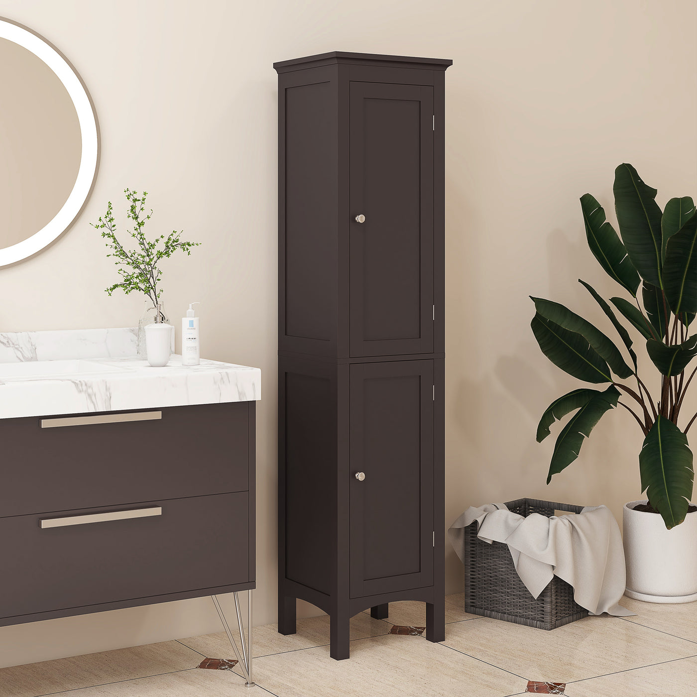 Tall Bathroom Cabinet, Freestanding Storage Organizer with Adjustable Shelves and Cupboards, 15" x 13" x 63", Dark Brown