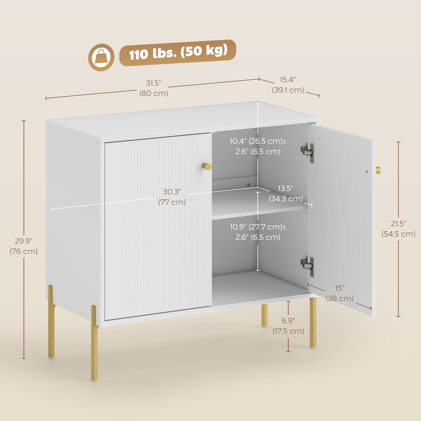 Sideboard, Modern Buffet Cabinet, Coffee Bar Cabinet with Fluted Doors and Adjustable Shelf, White