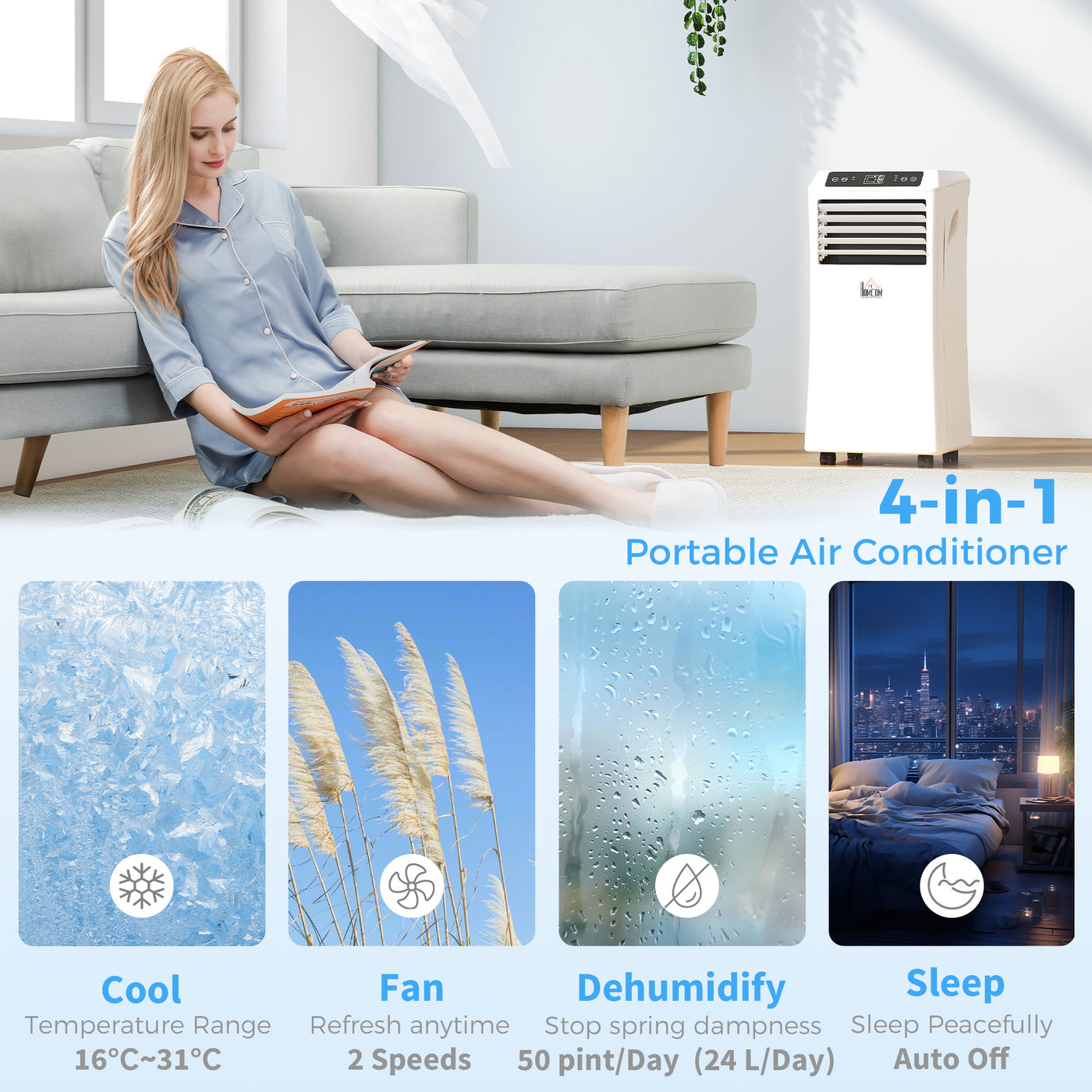 8000BTU Mobile Portable Air Conditioner with Cooling, Dehumidifier, 2 Speed Fans, 24-Hour Timer for Bedroom, White