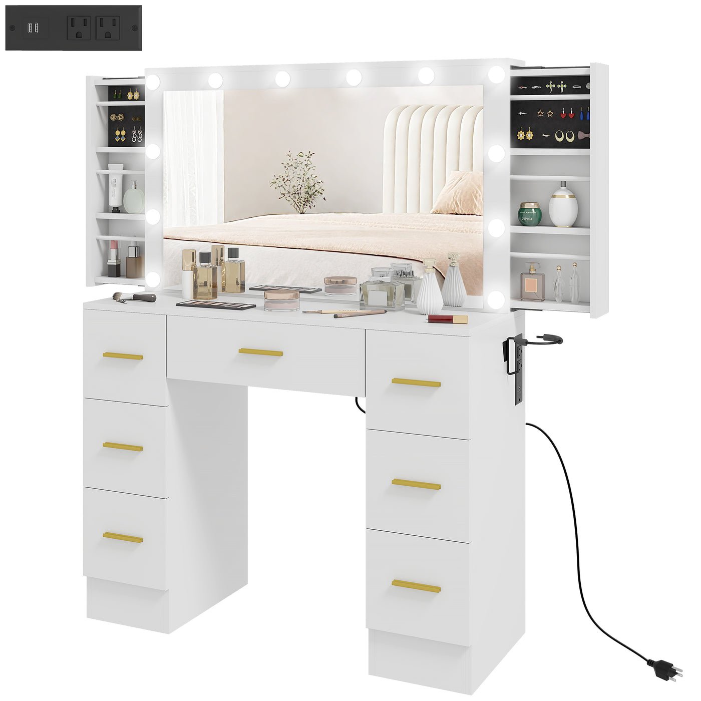 Makeup Vanity Desk with Mirror and Lights, Dressing Table with 7 Drawers, 6 Hidden Sliding Storage Compartments, White