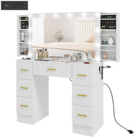 Makeup Vanity Desk with Mirror and Lights, Dressing Table with 7 Drawers, 6 Hidden Sliding Storage Compartments, White