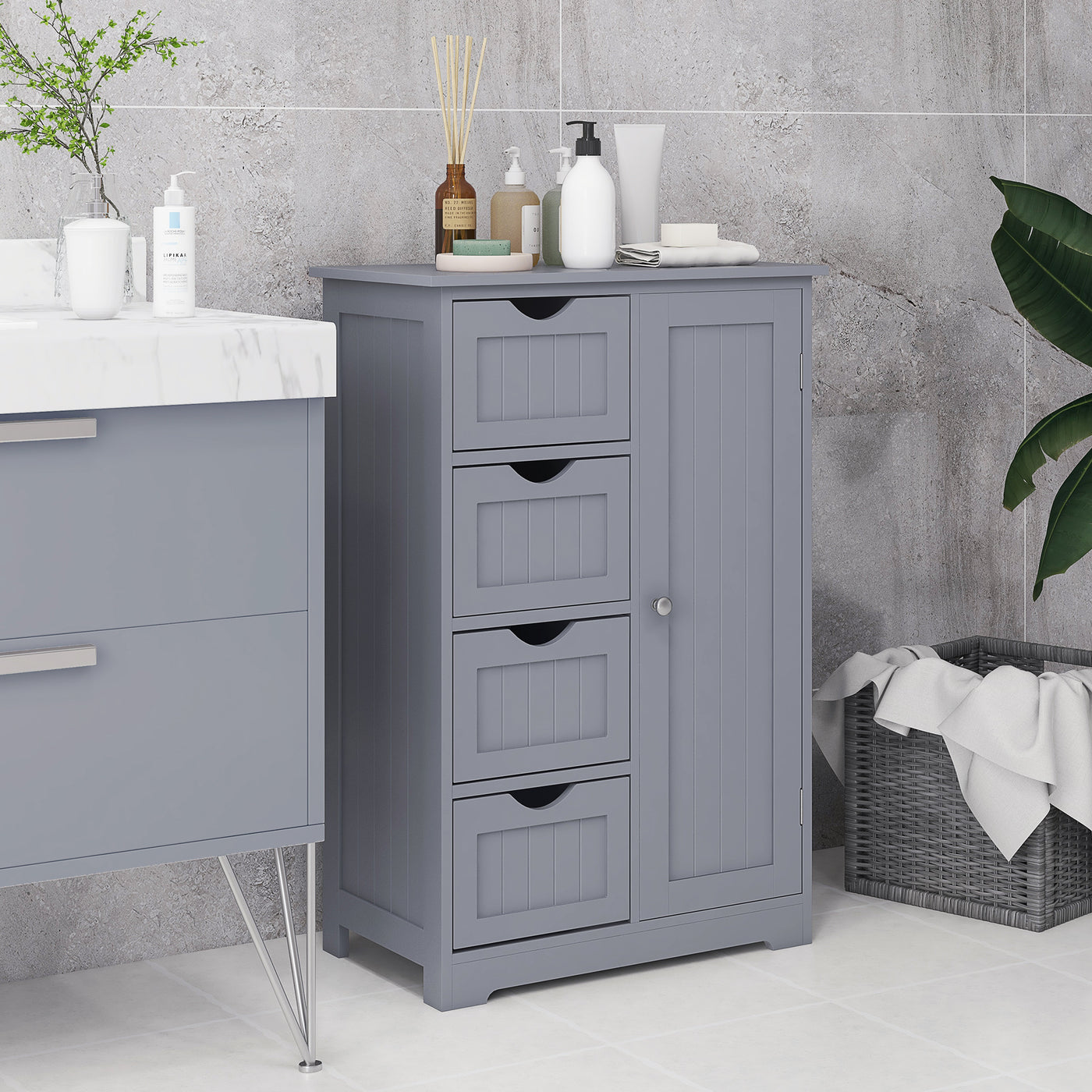Bathroom Storage Cabinet, Floor Cabinet with Adjustable Shelf and 4 Drawers, Side Cabinet for Washroom, Grey