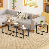 Nesting Coffee Table Set of 3, Modern End Tables with Black Metal Frame for Living Room Home Furniture, Brown
