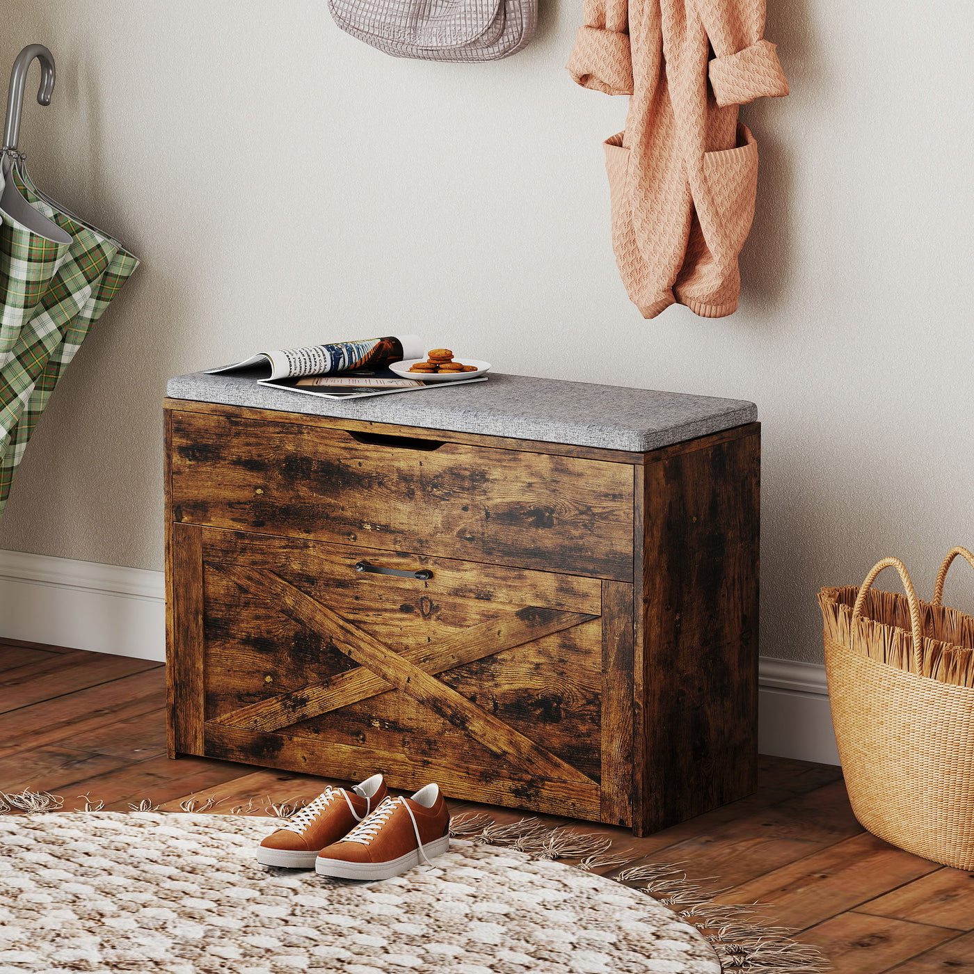 Shoe Storage Bench with Flip Drawer and Lift Top Storage, Entryway Bench with Seat Cushion for Hallway, Rustic Brown
