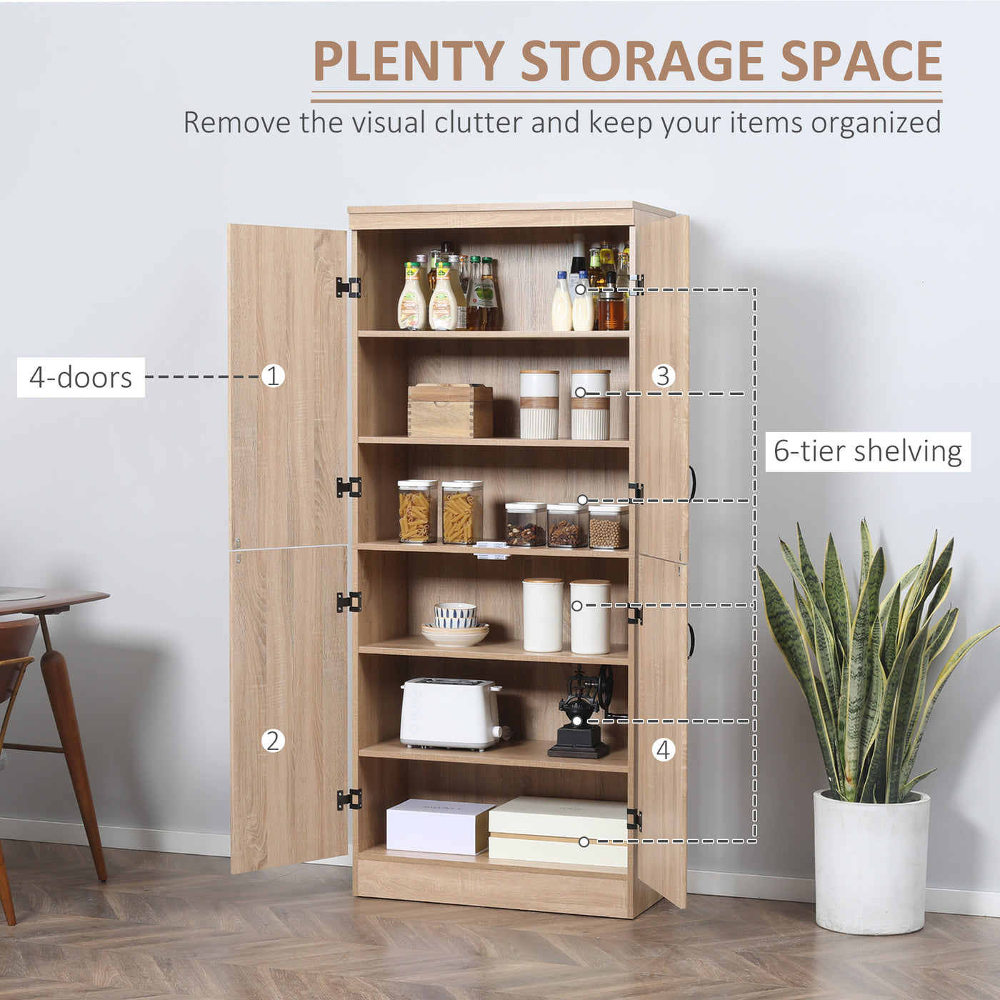 70" 4-Door Storage Cabinet, Freestanding Pantry Cabinet with Adjustable Shelves for Living Room, Natural