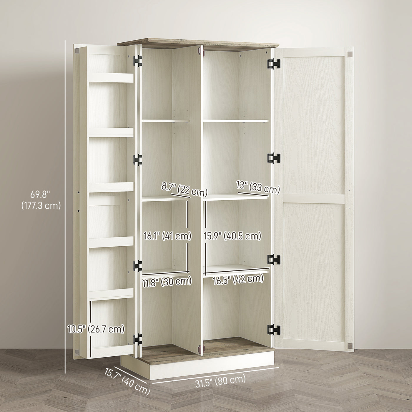 70" Tall Kitchen Pantry Cabinet with Door Shelves and Adjustable Shelves, Cream White