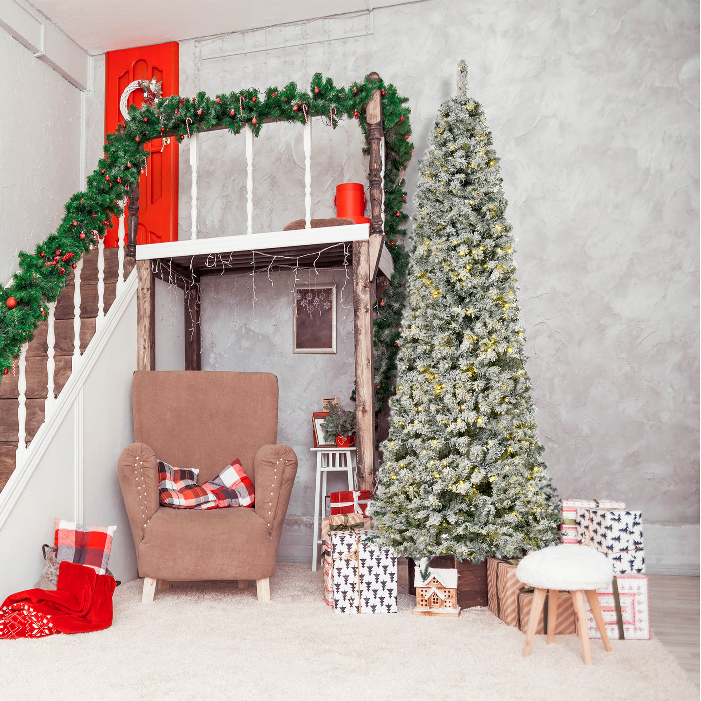 9 Feet Prelit Artificial Snow Flocked Pencil Christmas Tree, Slim Xmas Tree with Warm White LED Light, Holiday Home Xmas Decoration, Green