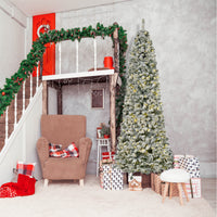 9 Feet Prelit Artificial Snow Flocked Pencil Christmas Tree, Slim Xmas Tree with Warm White LED Light, Holiday Home Xmas Decoration, Green