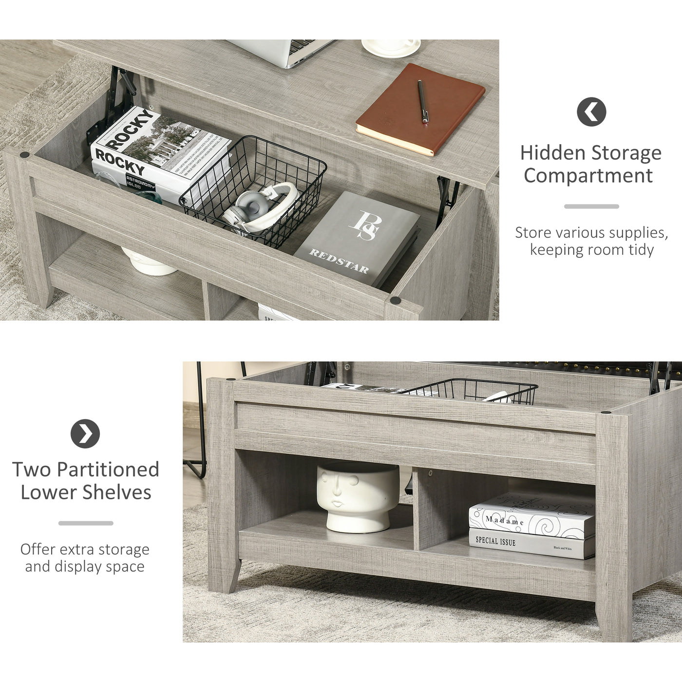 Lift Top Coffee Table with Hidden Storage Compartment and Open Shelves, Lift Tabletop Pop-Up Center Table for Living Room, Light Grey