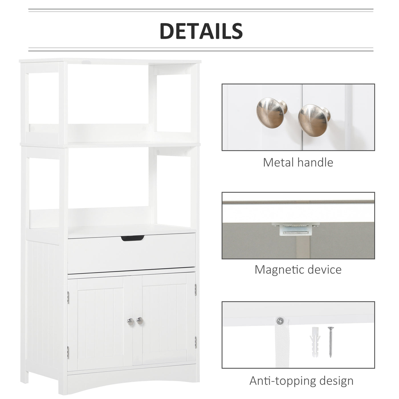 Bathroom Floor Cabinet, Free Standing Kitchen Cabinet with Shelves, Drawer and Doors, for Living Room, White