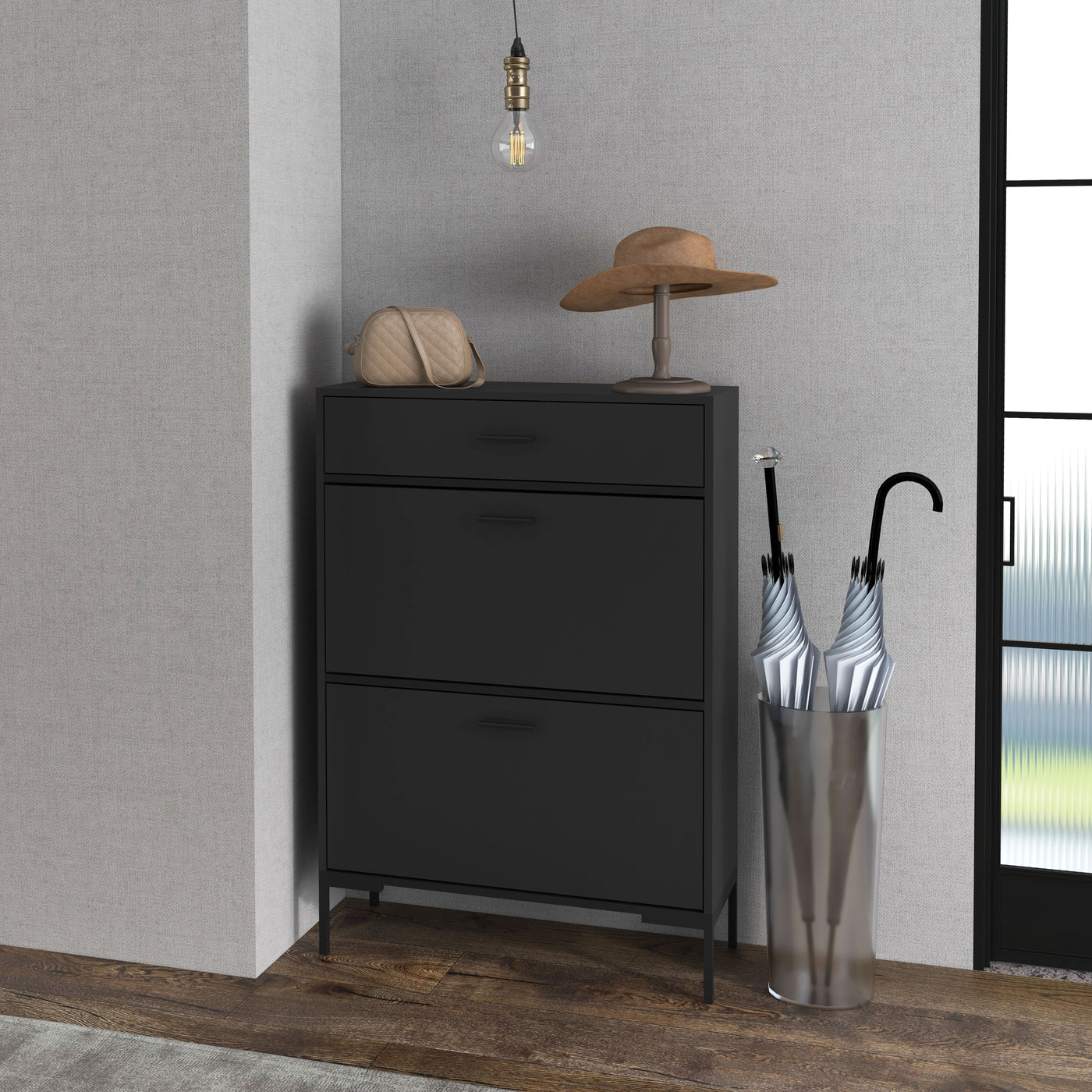 Modern Shoe Cabinet Storage 12 Pair Shoe Organizer with 2 Flip Doors Drawer and Adjustable Shelf Black