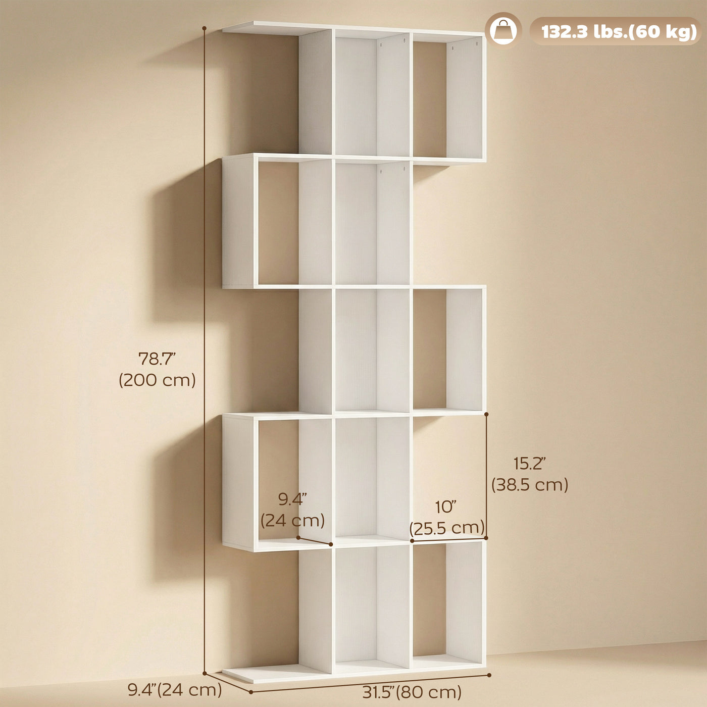 5-Tier Bookshelf, S Shaped Geometric Bookcase with 15 Compartments, White Wood Grain