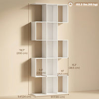 5-Tier Bookshelf, S Shaped Geometric Bookcase with 15 Compartments, White Wood Grain