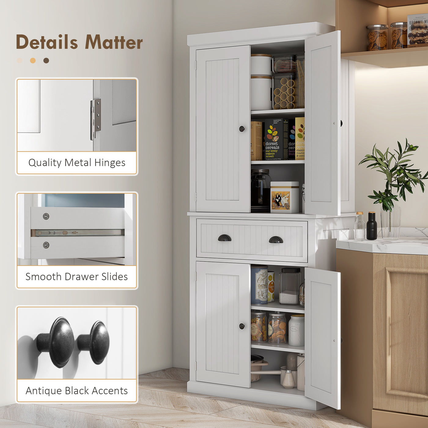 72" Kitchen Pantry, Freestanding Storage Cabinet with Adjustable Shelves, Drawer, Doors, Anti-tip Design, White