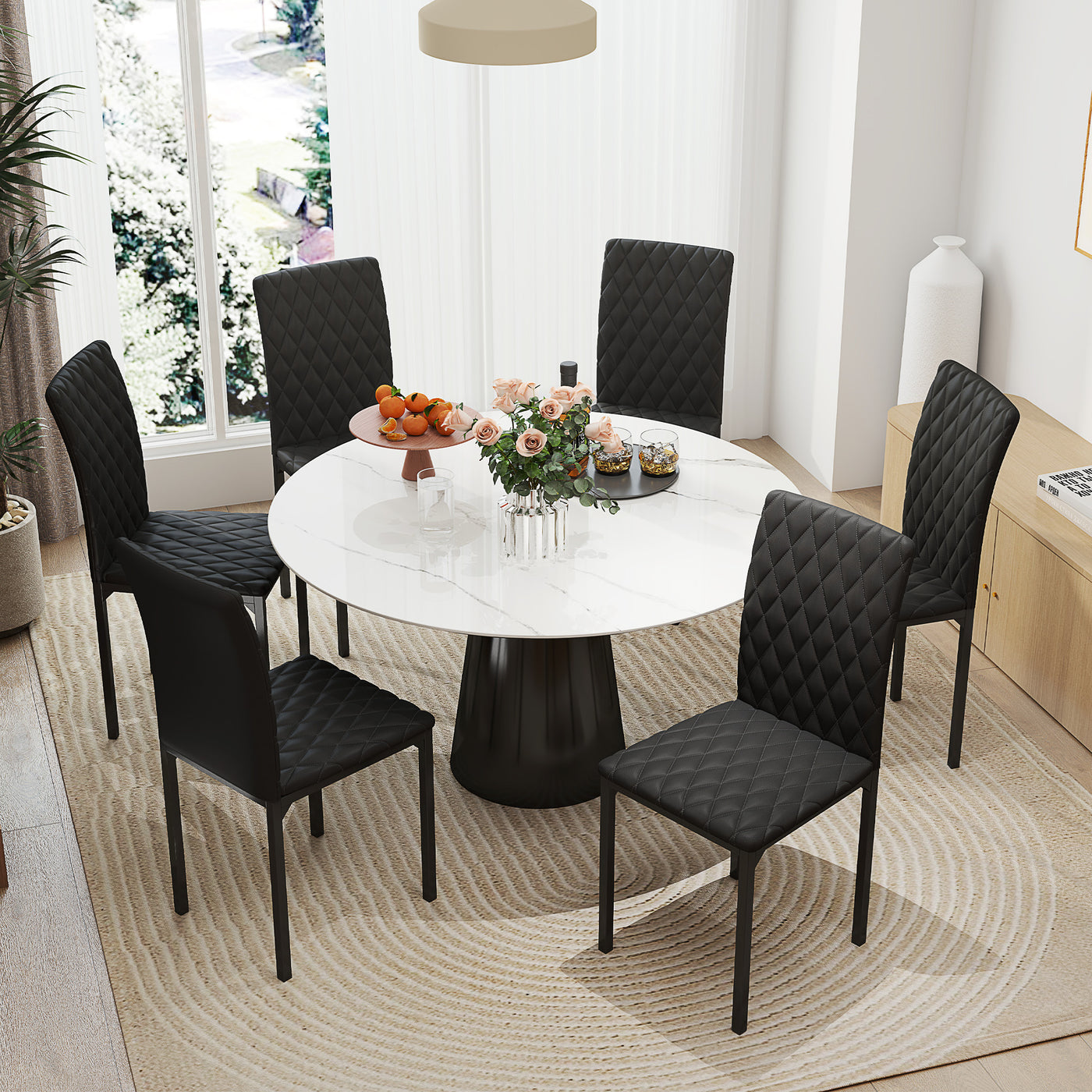 Set of 6 Modern Dining Chairs, Tufted High Back Side Chairs with Upholstered Seat, Steel Legs for Living Room, Black