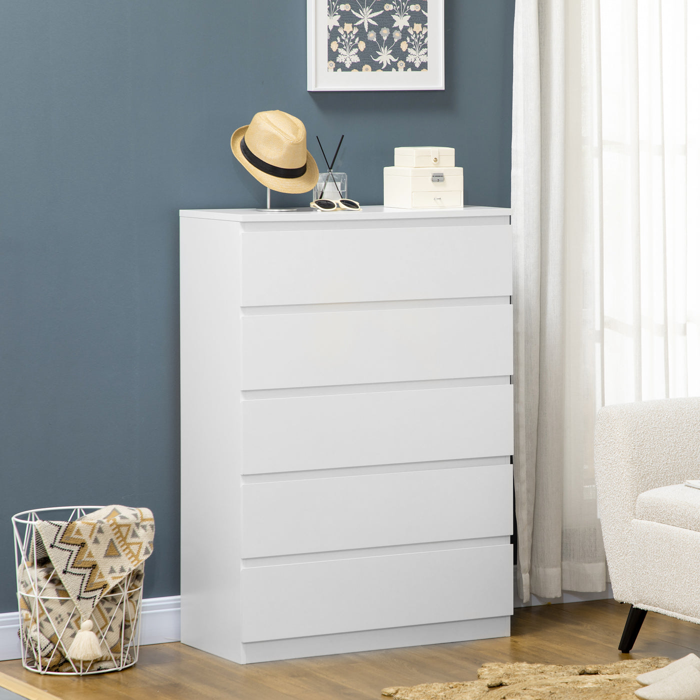 Dresser for Bedroom with 5 Drawers, Modern Chest of Drawers for Living Room, Closet, Hallway, White