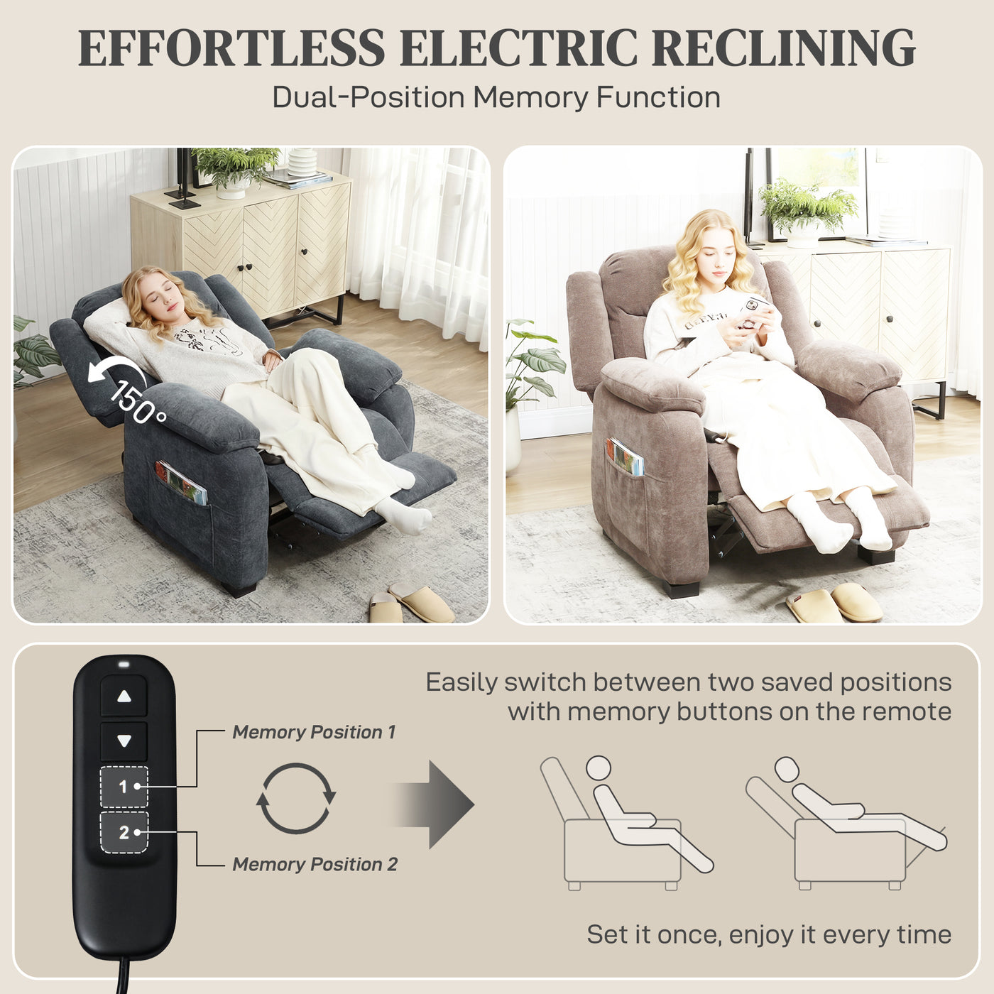 Massage Recliner Chair, Power Recliner with Quiet Brushless Motor, Remote, Pockets, 2 Memory Positions, Dark Grey